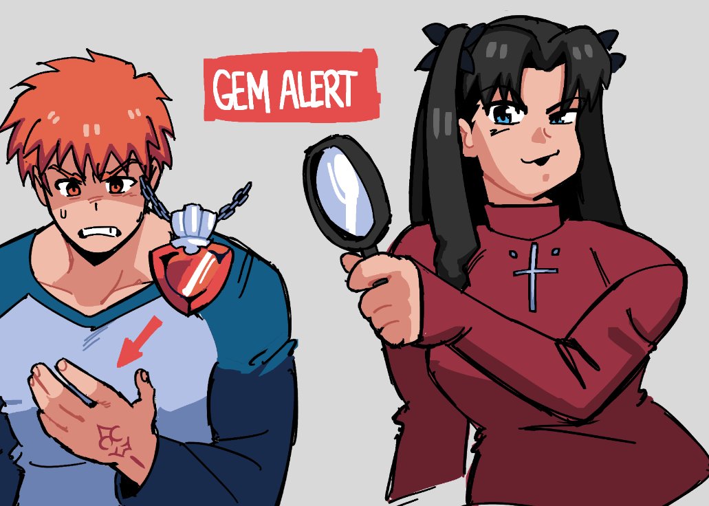 1boy, 1girl, black_hair, buko_shakezula, chest_jewel, commentary, emiya_shirou, english_commentary, fate/stay_night, fate_(series), gem, gem_alert_magnifying_glass_(meme), long_hair, meme, messy_hair, pearl_(gemstone), red_gem, red_hair, shirt, t-shirt, tohsaka_rin