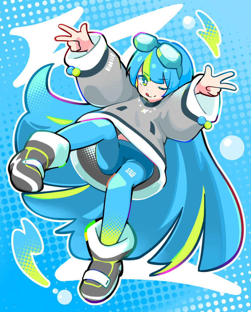 1girl, absurdres, blue_background, blue_hair, blue_pants, blue_pantyhose, boots, commentary_request