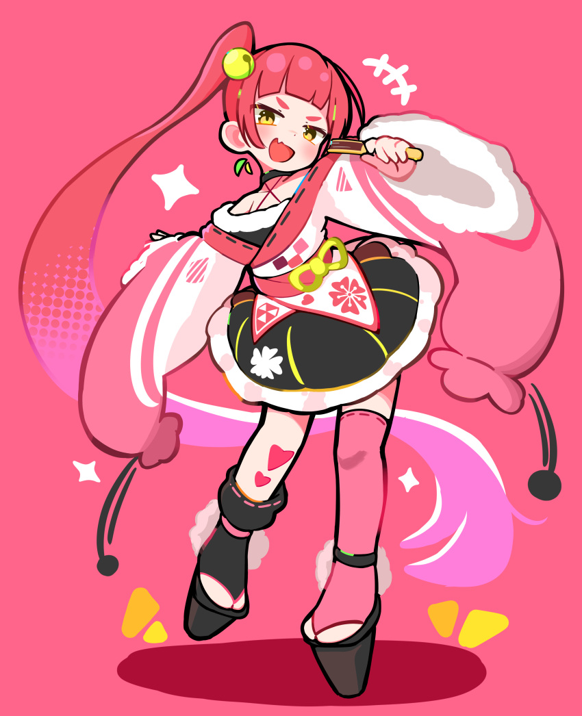 +++, 1girl, absurdres, asymmetrical_legwear, fang, full_body, gradient_hair, hand_fan