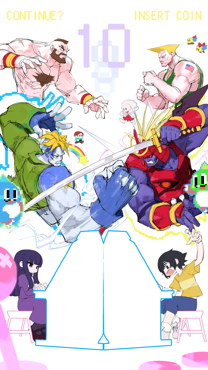 1girl, 5boys, absurdres, arcade, bishamon_(darkstalkers), bob_(bubble_bobble), bub_(bubble_bobble), bubble_bobble