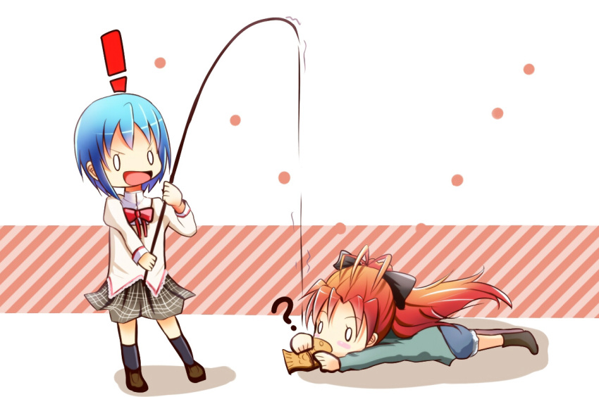 blue_hair, boots, bow, food, kneehighs, mahou_shoujo_madoka_magica, miki_sayaka, ponytail, redhead, sakura_kyouko, seifuku, shorts, syanayuuji, taiyaki