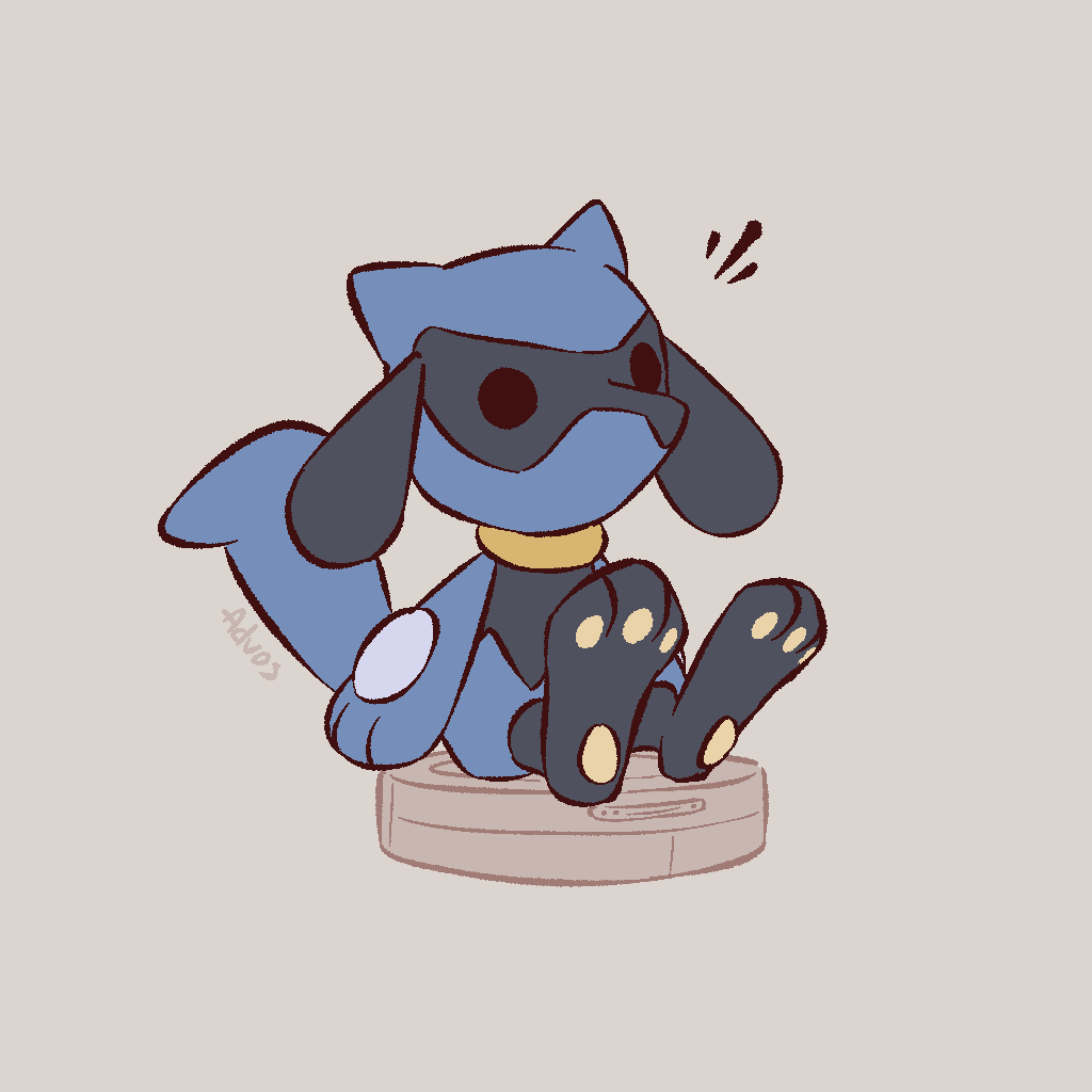 1other, advos, black_fur, blue_fur, chibi, chibikemo, commentary, digitigrade, english_commentary, full_body, furry, grey_background, other_focus, pokemon, pokemon_(creature), riding_vacuum_cleaner, riolu, robotic_vacuum_cleaner, simple_background, sitting, solo, two-tone_fur, vacuum_cleaner