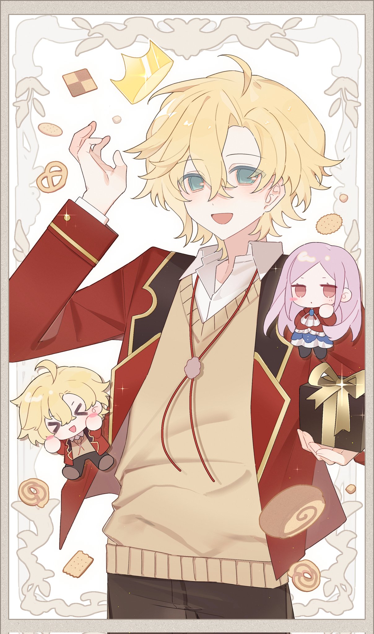 >_<, 1boy, 1girl, :d, ahoge, blonde_hair, blue_skirt, blush