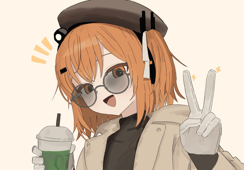 1girl, :d, a.i._voice, adachi_rei, beret, black-framed_eyewear, black_sweater, brown_hat, brown_jacket, commentary, cup, disposable_cup, gloves, grey_gloves, hat, highres, holding, holding_cup, inkstone31, jacket, looking_at_viewer, medium_hair, notice_lines, open_mouth, orange_eyes, orange_hair, portrait, round_eyewear, side_ponytail, simple_background, smile, solo, sparkle, sunglasses, sweater, utau, v, yellow_background