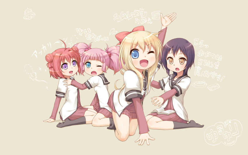>:), >:d, 4girls, :d, ahoge, akaza_akari, black_hair, black_legwear