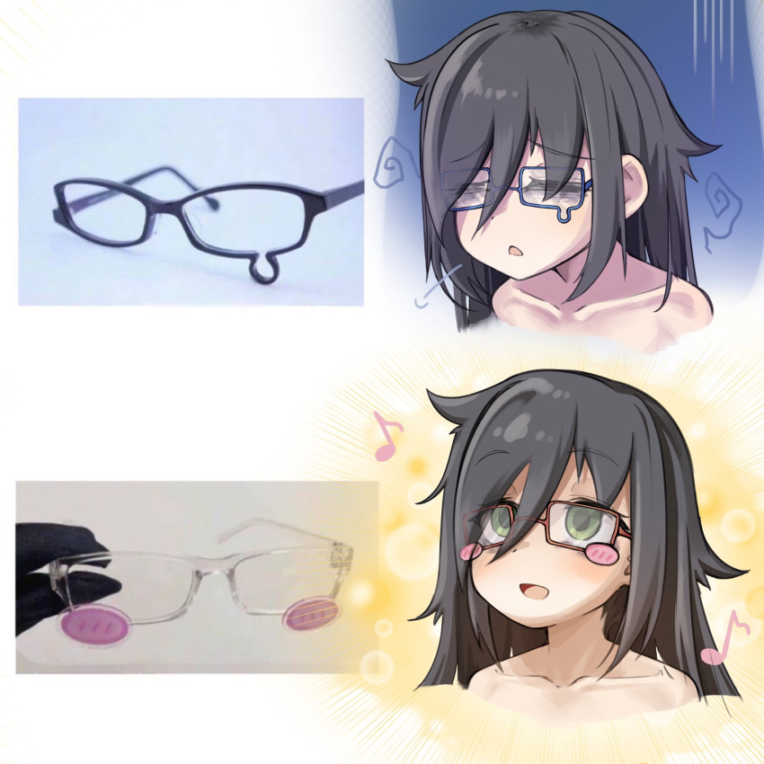 1girl, :d, bare_shoulders, bespectacled, black-framed_eyewear, black_hair, blush, blush-framed_glasses