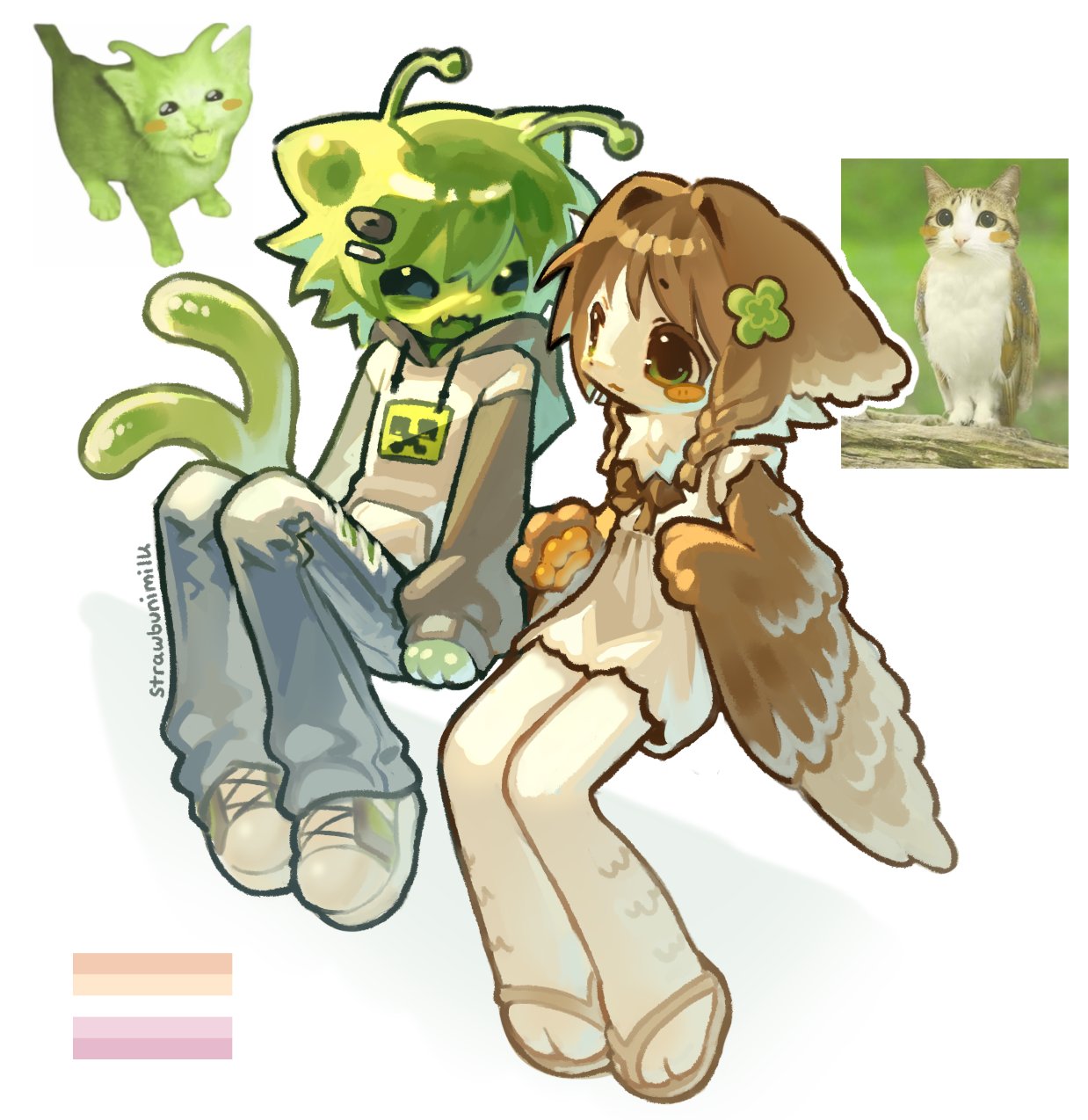 2girls, alienposting_(meme), androgynous, animal_ears, animal_hands, antennae, bird_ears, bird_girl, blush_stickers, braid, brown_hair, brown_sandals, cameo, cat_ears, cat_girl, cat_tail, clover_hair_ornament, couple, creeper, denim, dress, eye_contact, fang, forked_tail, four-leaf_clover_hair_ornament, full_body, furry, furry_female, furry_with_furry, green_fur, green_hair, green_shoes, hair_ornament, harpy, highres, hood, hood_down, hoodie, invisible_chair, jeans, lesbian_flag, long_sleeves, looking_at_another, meme, meowl_(meme), minecraft, monster_girl, multiple_girls, open_mouth, original, owl_ears, owl_girl, pants, pawpads, personification, reference_inset, sandals, shoes, short_hair, simple_background, sitting, skin_fang, sneakers, strawbunimilk, tail, white_background, white_dress, white_hoodie, yuri