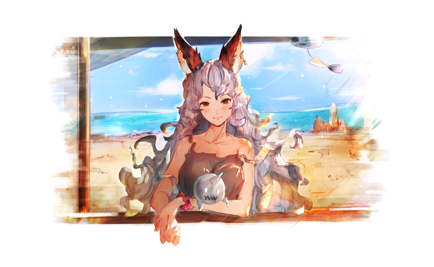 1girl, animal_ear_fluff, animal_ears, bare_arms, bare_shoulders, beach, black_shirt, blush