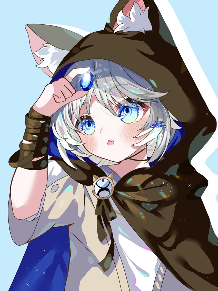 1girl, animal_ear_fluff, animal_ears, animal_hood, blue_background, blue_eyes, blue_gem, brown_cloak