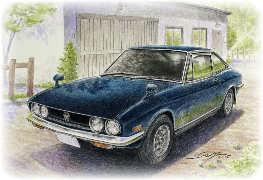 black_car, building, car, colored_pencil_(medium), commentary_request, dated, day, fence