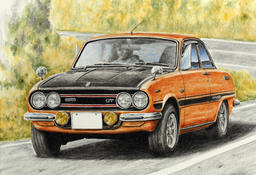 1boy, car, colored_pencil_(medium), commentary_request, day, driving, highres, isuzu_bellett