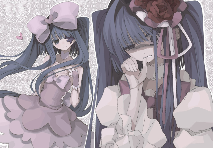 1girl, blue_hair, bow, collarbone, cosplay, dress, flower, furudo_erika