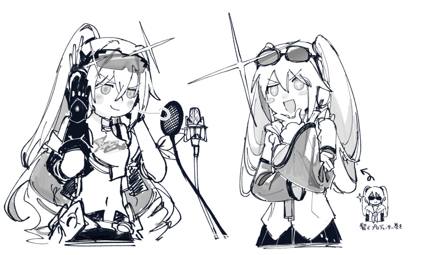 2girls, :d, blush_stickers, commentary_request, concept_art, cropped_shirt, cropped_torso, detached_sleeves