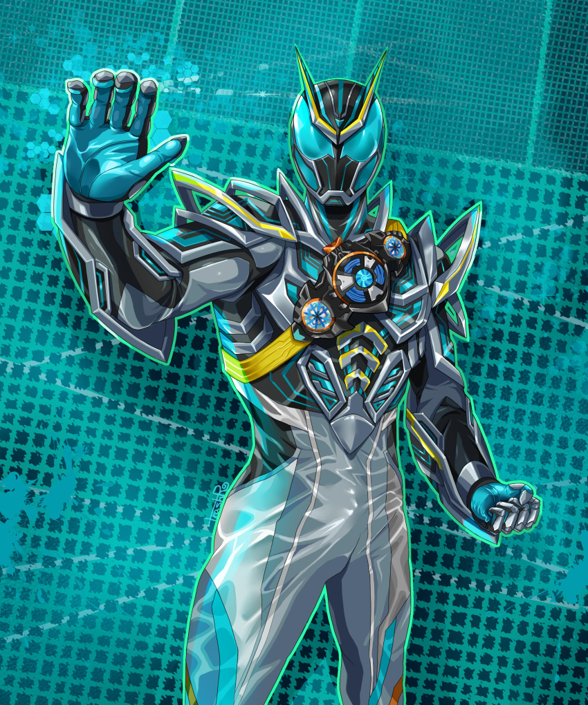 1boy, absurdres, armor, blue_eyes, bodysuit, commentary_request, cowboy_shot, dualmare_capsem, grey_bodysuit, helmet, highres, huujyu, kamen_rider, kamen_rider_zeztz, kamen_rider_zeztz_(series), kamen_rider_zeztz_orderm, male_focus, solo, tokusatsu