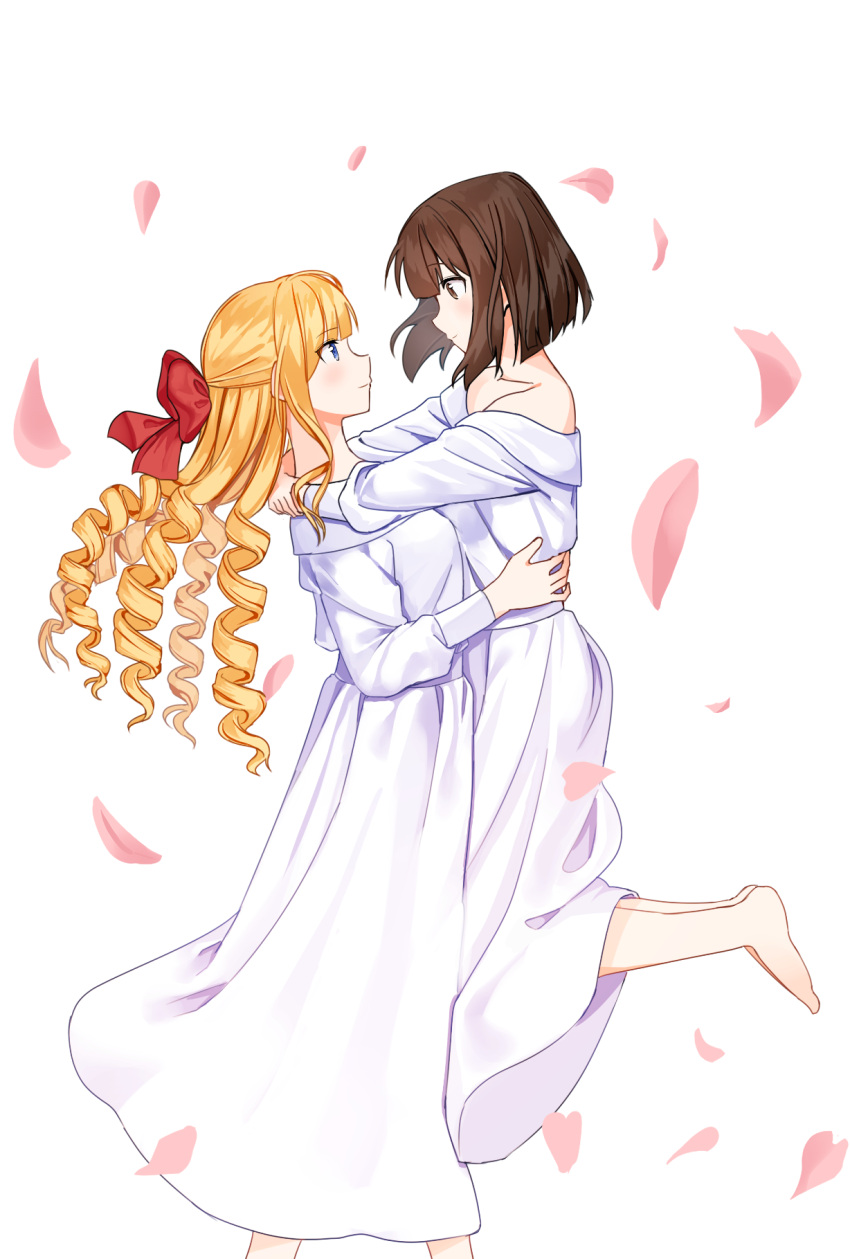 2girls, 96mako, arms_around_neck, bare_shoulders, barefoot, blonde_hair, bob_cut, bow