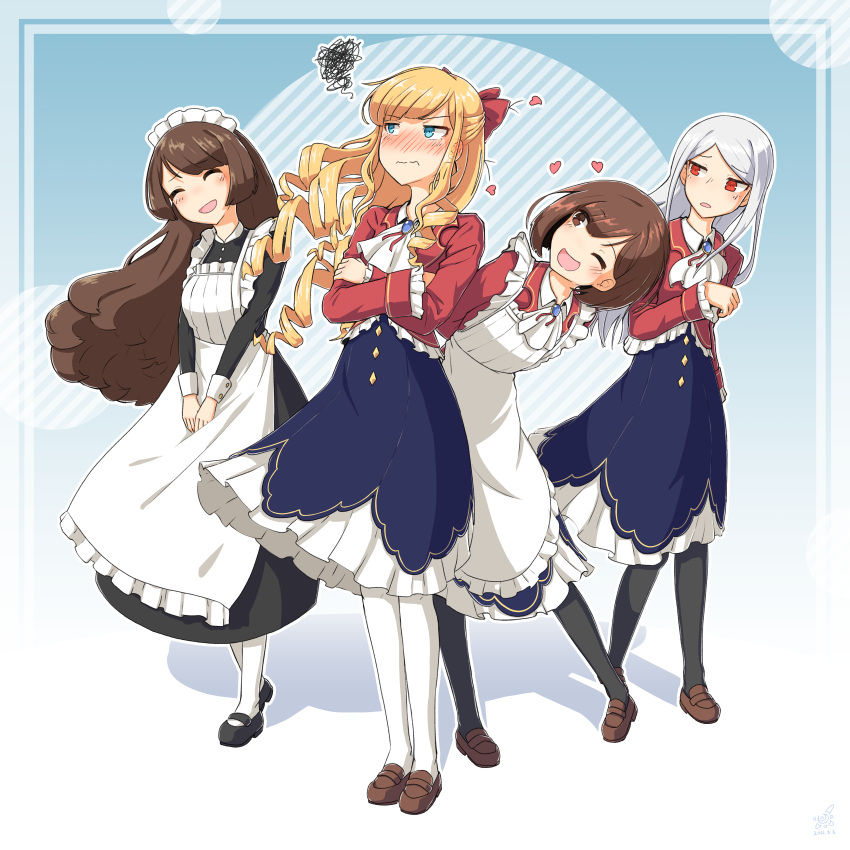 4girls, absurdres, apron, arm_at_side, ascot, black_dress, black_pantyhose, blonde_hair