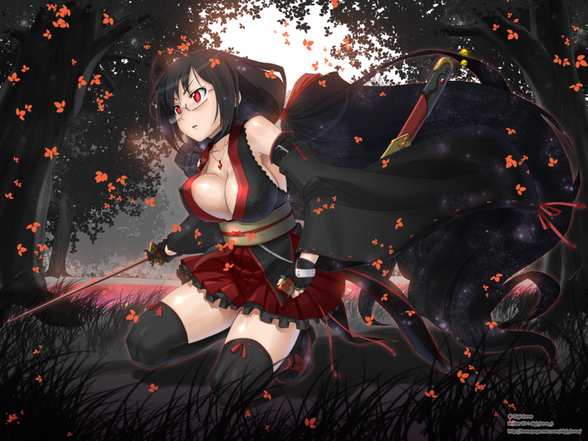 adapted_costume, bare_shoulders, black_hair, black_legwear, blood-c, bouncing_breasts, breasts, choker