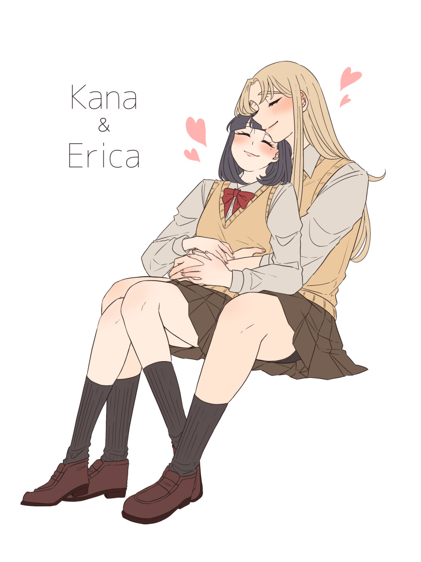 2girls, absurdres, bike_shorts, bike_shorts_under_skirt, black_hair, black_socks, blonde_hair, blunt_bangs, blush, bow, bowtie, brown_shoes, brown_skirt, character_name, closed_mouth, commentary_request, couple, cuddling, curtained_hair, erica_(hoshizora_no_shita), fingernails, full_body, heart, highres, hoshizora_no_shita, hug, hug_from_behind, invisible_chair, kana_(hoshizora_no_shita), loafers, long_hair, long_sleeves, multiple_girls, original, pleated_skirt, red_bow, red_bowtie, ribbed_socks, school_uniform, shirt, shoes, short_hair, simple_background, sitting, sitting_between_legs, skirt, smile, socks, straight_hair, sweater_vest, white_background, white_shirt, yellow_sweater_vest, yuri