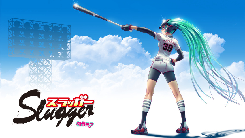 aqua_eyes, aqua_hair, ass, baseball, baseball_bat, baseball_helmet, baseball_uniform, bike_shorts, blue_sky, cloud, footwear, from_behind, gloves, hand_on_hip, hatsune_miku, helmet, highres, legwear_under_shorts, long_hair, shorts, sky, socks, solo, sportswear, standing, twintails, uniform, very_long_hair, vocaloid, wokada, wokada_(takouji)