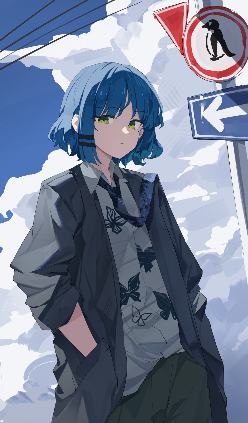 1girl, absurdres, blue_hair, bocchi_the_rock!, clouds, cloudy_sky, coat, dddm