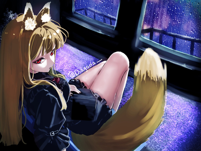 1girl, alternate_costume, animal_ear_fluff, animal_ears, arm_belt, black_dress, black_lips, blonde_hair, blunt_bangs, diagada, dress, english_commentary, fox_ears, fox_tail, frilled_dress, frills, from_above, full_body, goth_fashion, hair_over_shoulder, highres, holo, indoors, lipstick, long_hair, looking_to_the_side, makeup, puffy_sleeves, rain, red_eyes, sitting, solo, spice_and_wolf, tail, thighs, twitter_username, water_drop, window, wolf_girl