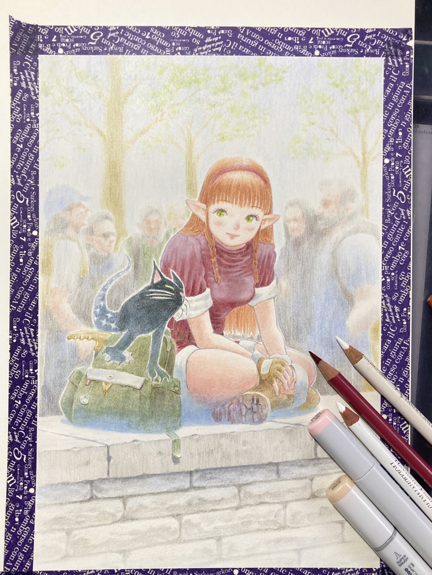1girl, animal, art_tools_in_frame, backpack, bag, black_cat, boots, braid