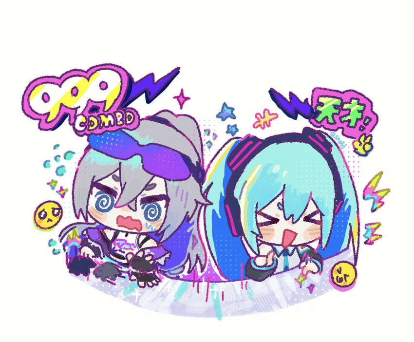 >_<, 2girls, :d, @_@, afterimage, aqua_hair, aqua_necktie, black_gloves