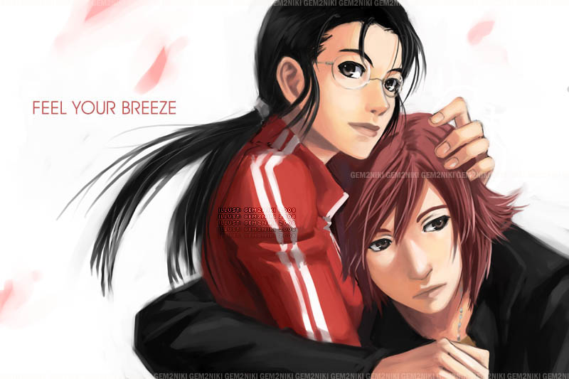 1boy, 1girl, 2008, arm_around_another's_waist, artist_name, black_eyes, black_hair, black_jacket