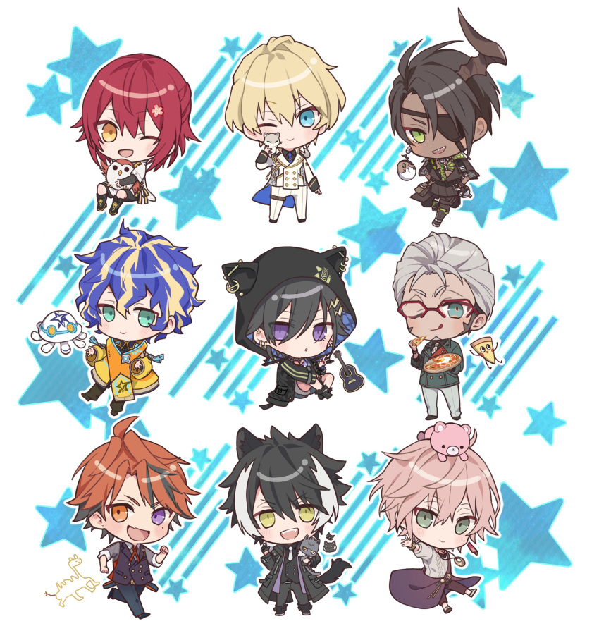6+boys, ;d, acoustic_guitar, ahoge, animal, animal_ear_hood, animal_ears, animal_on_shoulder, aqua_eyes, aragami_oga, aragami_oga_(1st_costume), arurandeisu, arurandeisu_(old_design), astel_leda, astel_leda_(old_design), beard, bird, black_boots, black_coat, black_hair, black_hood, black_jacket, black_pants, black_shirt, black_shorts, black_streaks, black_vest, blonde_hair, blonde_streaks, blue_hair, blue_necktie, blush, boots, brown_pants, brown_vest, buttons, cat, chibi, chibi_only, chungami, coat, collared_shirt, commentary, dark-skinned_male, dark_skin, demon_horns, double-breasted, ear_piercing, eyepatch, facial_hair, fangs, ferret, food, glasses, green_eyes, green_jacket, grey_hair, grey_shirt, guitar, hair_ornament, hair_slicked_back, hairclip, hanasaki_miyabi, hanasaki_miyabi_(1st_costume), heterochromia, highres, hiyamaru, holding, holding_animal, holding_cat, holding_food, holding_pizza, holostars, hood, hood_up, hooded_jacket, horns, instrument, jackal_boy, jackal_ears, jackal_tail, jacket, jewelry, kageyama_shien, kageyama_shien_(1st_costume), kanade_izuru, kanade_izuru_(1st_costume), kishido_temma, kishido_temma_(1st_costume), koyama_(kageyama_shien), kyomu_suzume, layered_sleeves, light_blush, lightning_bolt_hair_ornament, lightning_bolt_symbol, long_coat, long_sleeves, male_focus, medium_hair, mole, mole_under_eye, multicolored_hair, multiple_boys, nakayama_(kageyama_shien), necklace, necktie, nekoyama_shien, one_eye_closed, open_clothes, open_jacket, open_mouth, orange_coat, orange_eyes, orange_hair, outline, pants, piercing, pink_hair, pizza, pizza-kun_(arurandeisu), pizza_slice, poruneu, red-framed_eyewear, red_hair, red_necktie, rikka_(1st_costume)_(holostars), rikka_(holostars), sharp_teeth, shirt, short_over_long_sleeves, short_sleeves, shorts, single_horn, sitting, sleeve_cuffs, sleeves_rolled_up, smile, spanner_(holostars), star_(symbol), star_symbol_background, streaked_hair, stuffed_animal, stuffed_toy, suit, sweater, tail, tailcoat, teddy_bear, teeth, teito_(0w0kuma), thigh_strap, tongue, tongue_out, untranslatable_commentary, vest, violet_eyes, virtual_youtuber, waistcoat, white_coat, white_hair, white_necktie, white_outline, white_pants, white_shirt, white_streaks, white_suit, white_sweater, yellow_eyes, yukoku_roberu, yukoku_roberu_(1st_costume)