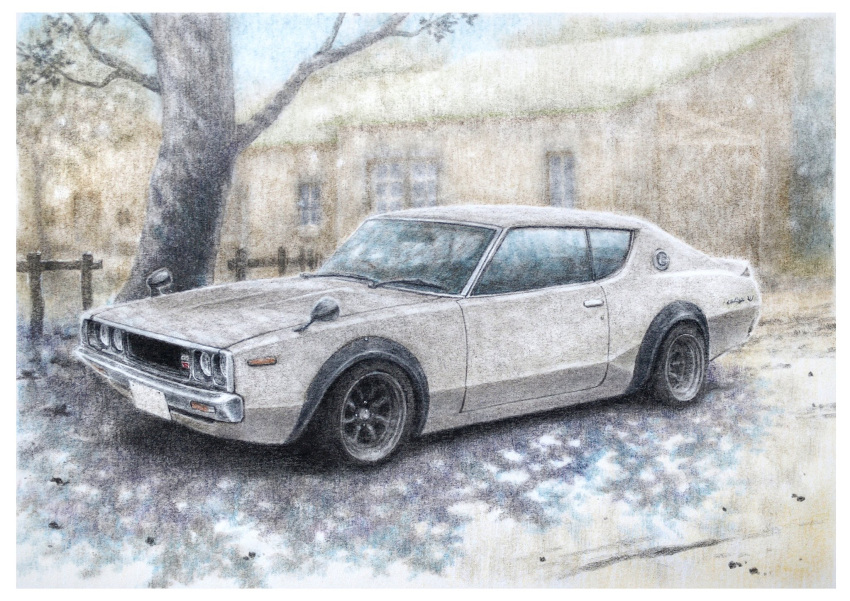 building, car, colored_pencil_(medium), commentary_request, day, fence, highres, motor_vehicle