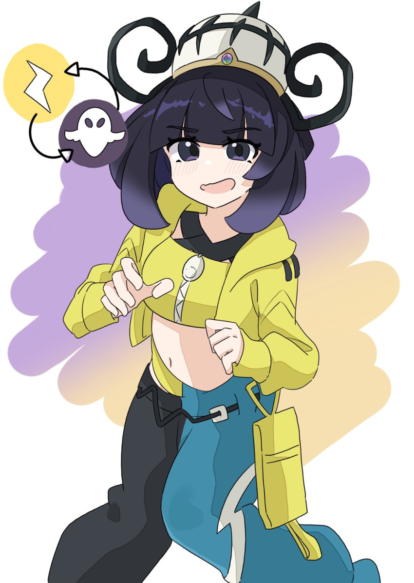 1girl, :d, bandeau, black_pants, blue_pants, blush, bob_cut, canari_(pokemon)