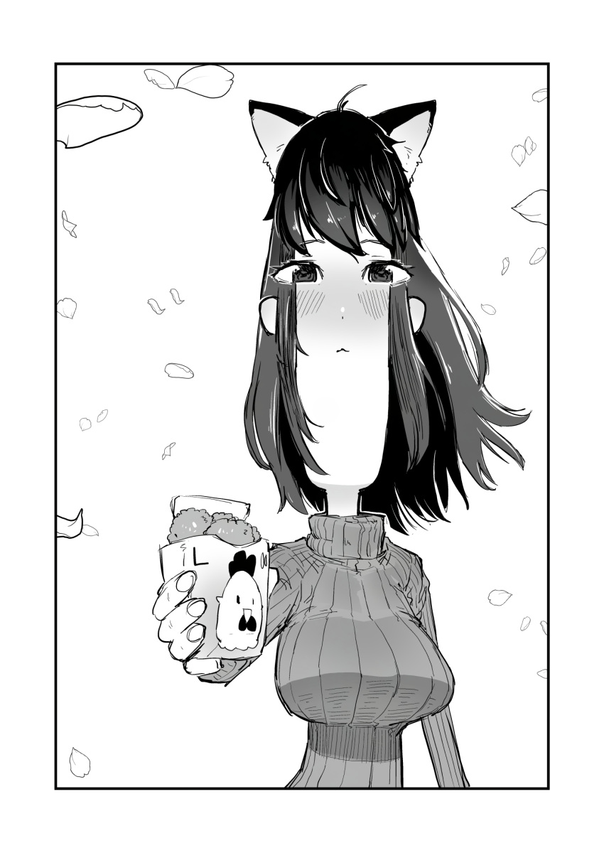 1girl, :3, animal_ears, black_hair, blush, border, breasts, cat_ears