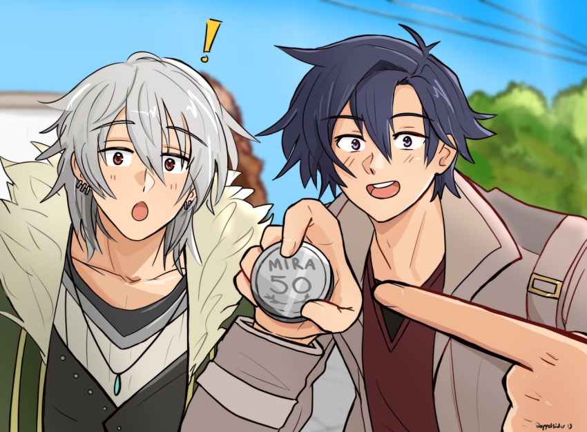 !, 2boys, :o, ahoge, appelsider, artist_name, black_hair, blurry