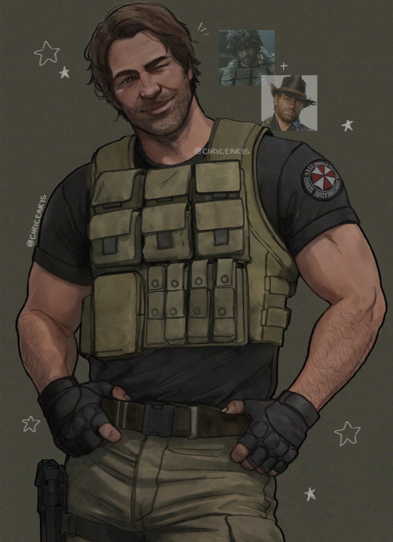 1boy, ;), adjusting_belt, arm_hair, arthur_morgan, beard, belt, black_gloves