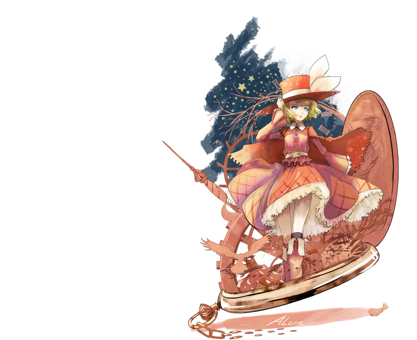 absurdres, alone_(vocaloid), aqua_eyes, belt, blonde_hair, boots, capelet, dress, frills, hairclip, hat, kagamine_rin, kanipanda, kanipanda_(artist), pocket_watch, ribbon, short_hair, skirt, stars, top_hat, vocaloid, white