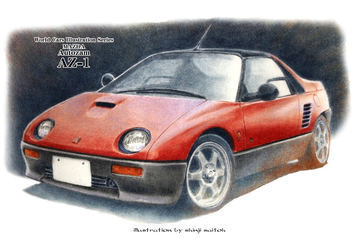 artist_name, autozam_az-1, car, colored_pencil_(medium), commentary_request, kei_car, mazda, motor_vehicle