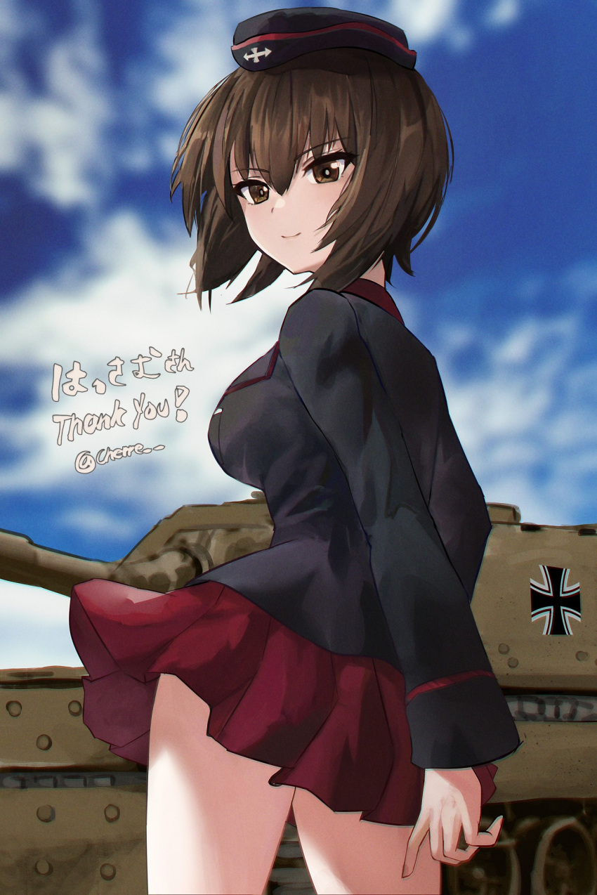 1girl, balkenkreuz, black_hat, black_jacket, blue_sky, breasts, brown_eyes, brown_hair