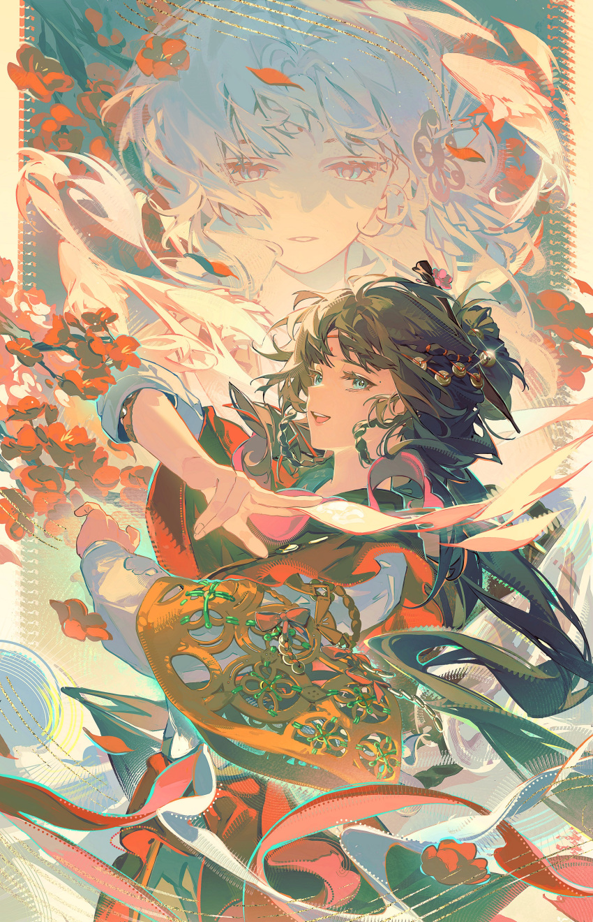 1girl, :d, absurdres, between_fingers, black_hair, blue_eyes, chinese_clothes, facial_mark