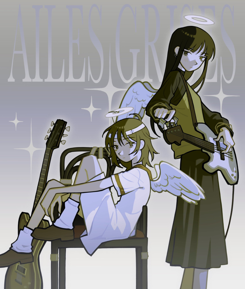 2girls, angel, angel_wings, black_hair, blush, brown_eyes, brown_hair, chair