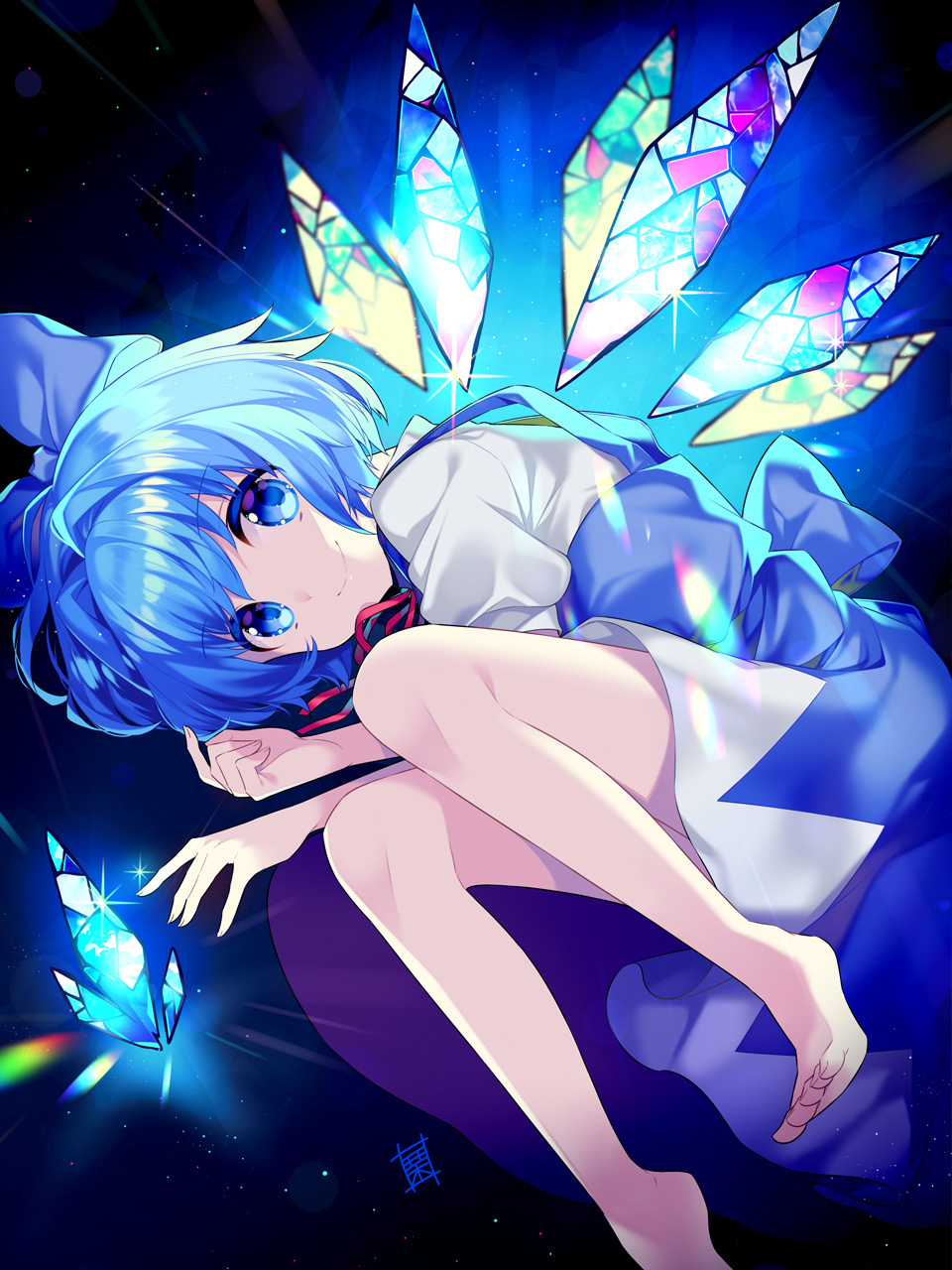 1girl, barefoot, black_background, blue_bow, blue_dress, blue_eyes, bow, cirno