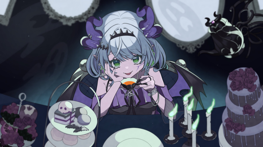 1girl, absurdres, apricot_the_lich, apricot_the_lich_(froot_2.0), black_dress, black_nails, cup, demon_girl