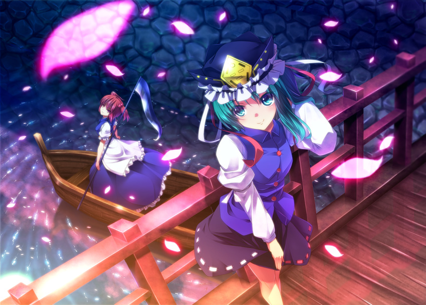 aqua_eyes, aqua_hair, blue_hair, boat, bridge, from_above, green_eyes, green_hair