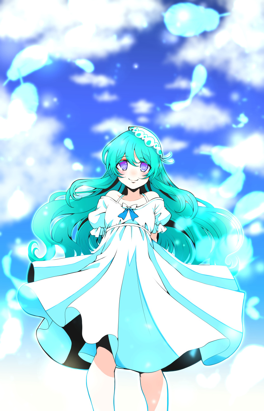 1boy, 1girl, absurdres, alice-0114, commentary_request, copyright_request, dress, green_hair, highres, long_hair, marie_(stella_glow), stella_glow, white_dress