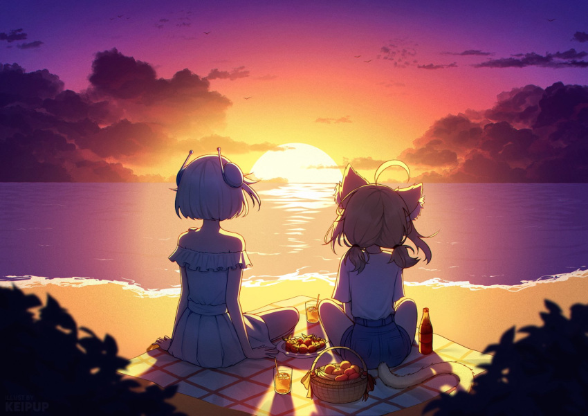 2girls, ahoge, animal_ears, antennae, back, banana, bare_shoulders, basket