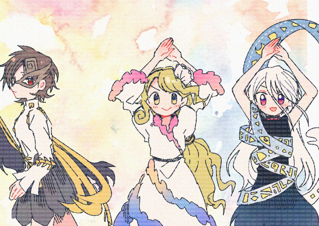 3girls, asymmetrical_wings, black_dress, black_hairband, blonde_hair, blue_dress, brown_hair, brown_mask