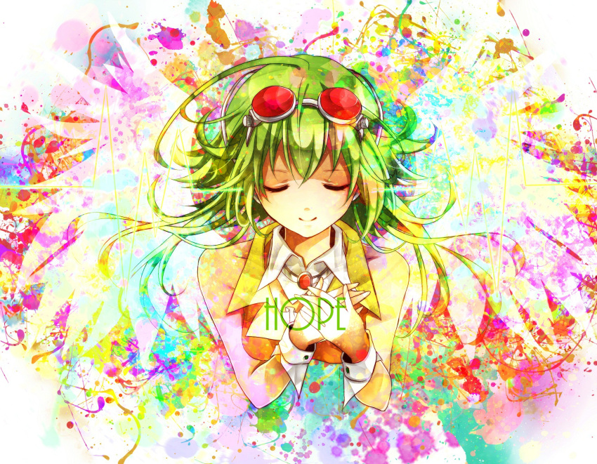 bust, closed_eyes, goggles, green_hair, gumi, hands_on_chest, vocaloid, wrist_cuffs