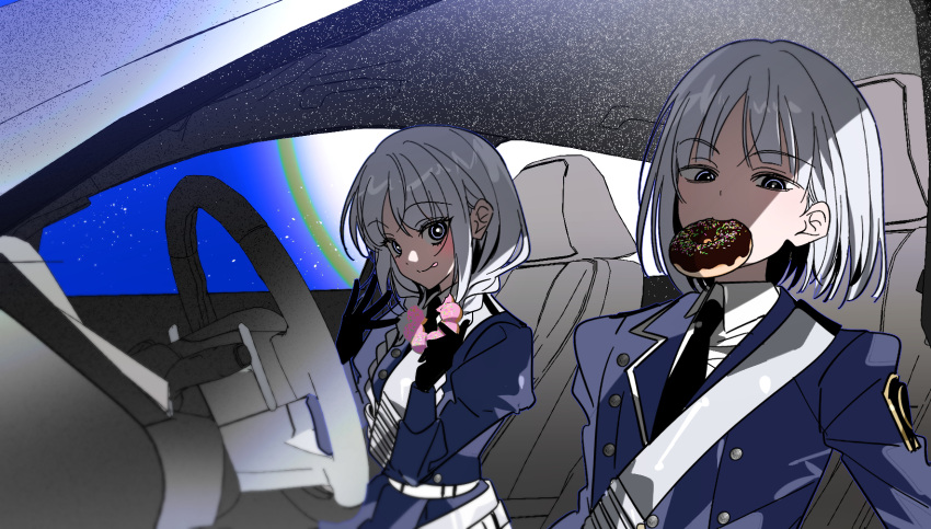 1boy, 1girl, belt, black_gloves, black_necktie, blue_coat, blue_dress, blue_jacket