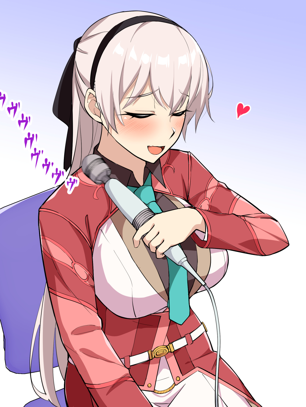 1girl, :d, ao_no_kiseki, black_hairband, black_ribbon, blue_background, blue_necktie, breasts