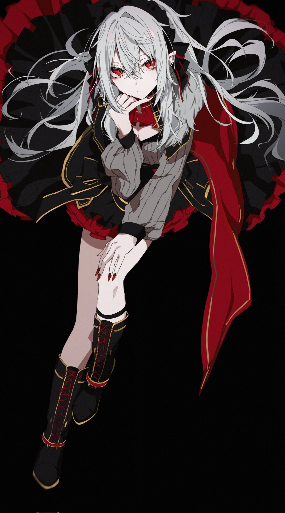 ascot, black_headdress, commentary, ear_piercing, genderswap, genderswap_(mtf), highres, hp_001, nijisanji, piercing, pointy_ears, red_ascot, red_nails, sanya_(1st_costume)_(nijisanji), sanya_(nijisanji), vampire, virtual_youtuber