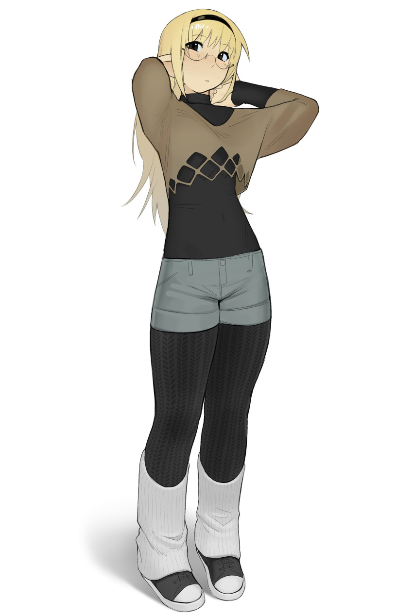 1girl, absurdres, black_bodysuit, blonde_hair, bodysuit, brown_shirt, denim, denim_shorts